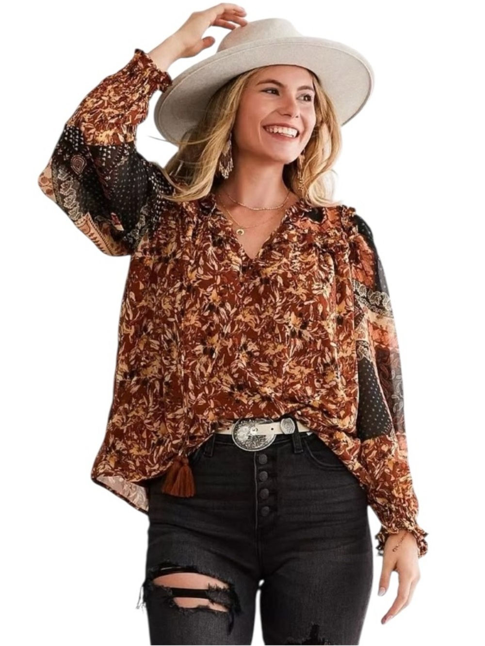Miss Me Boho Patchwork Floral Tassel Tie Peasant Blouse Large Western